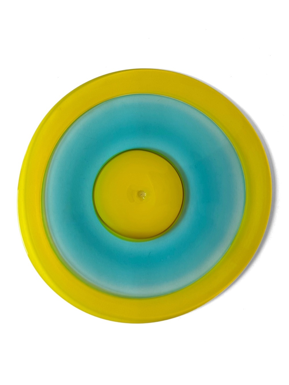 Hand Blown Glass Rondel Disc Art Glass Suncatcher Yellow Blue 12 1/4”